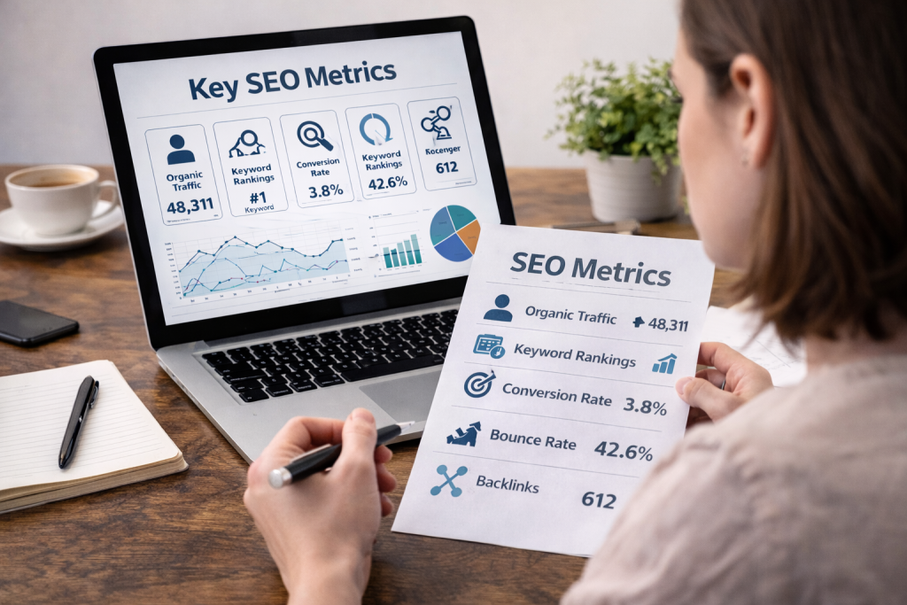 woman analysing SEO metrics - we are arise